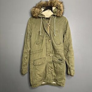 Abercrombie Fitch Parka Women S Green Faux Fur Hood Sherpa Utility Y2K Millitary